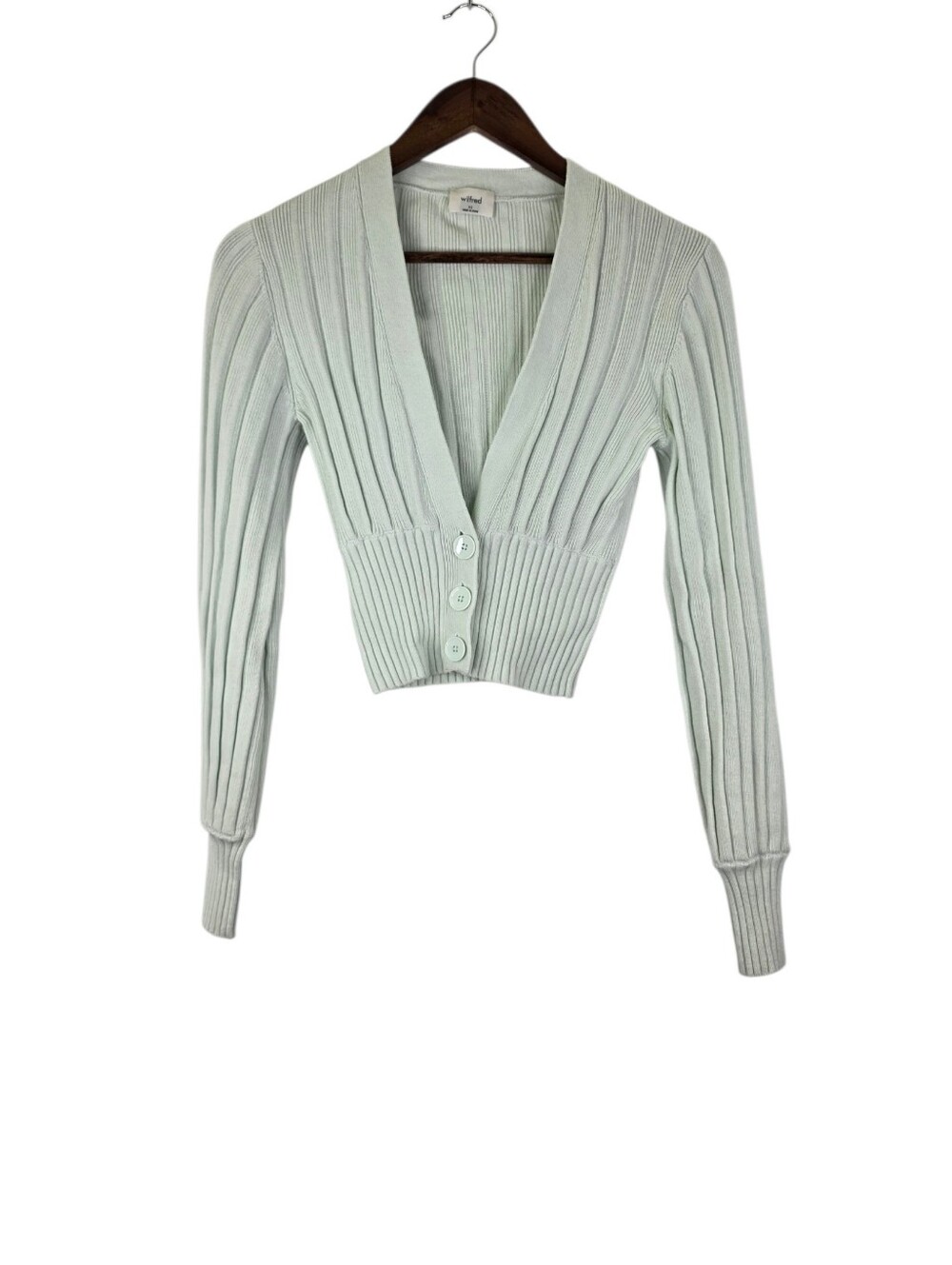 Aritzia Wilfred Xs Plunge Front Merino Wool Cotton Cropped Cardigan Sage Mint